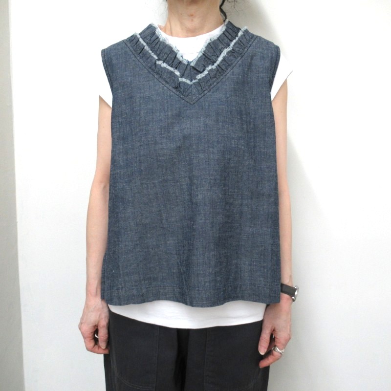 LAITERIE  綿麻スラブデニムフリルベスト /INDIGO78